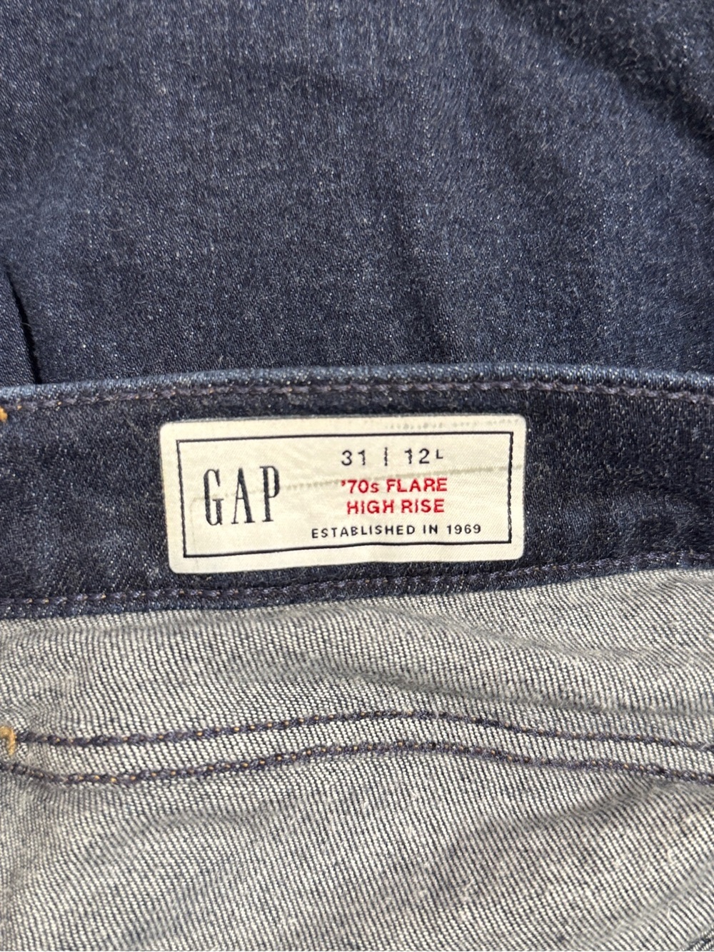 Gap Jeans Womens 12 Long 70s Flare Leg High Rise Dark Wash Modern Retro - Picture 7 of 9